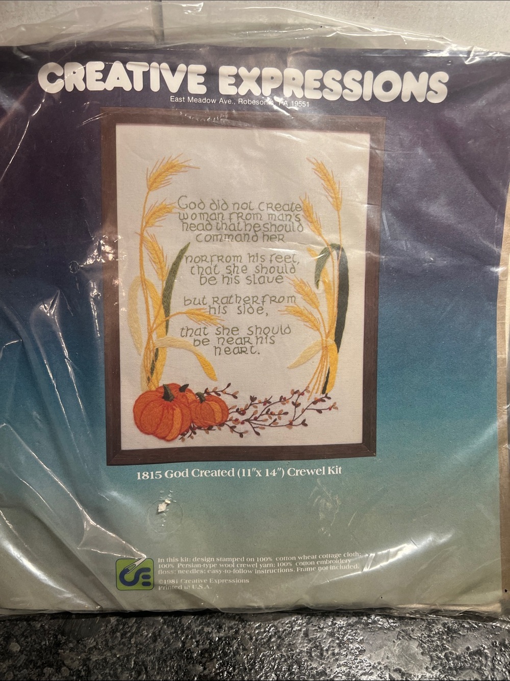 Creative Expressions Pumpkin & Wheat Wall Art - “ 1815 GOD CREATED” CREWEL KIT